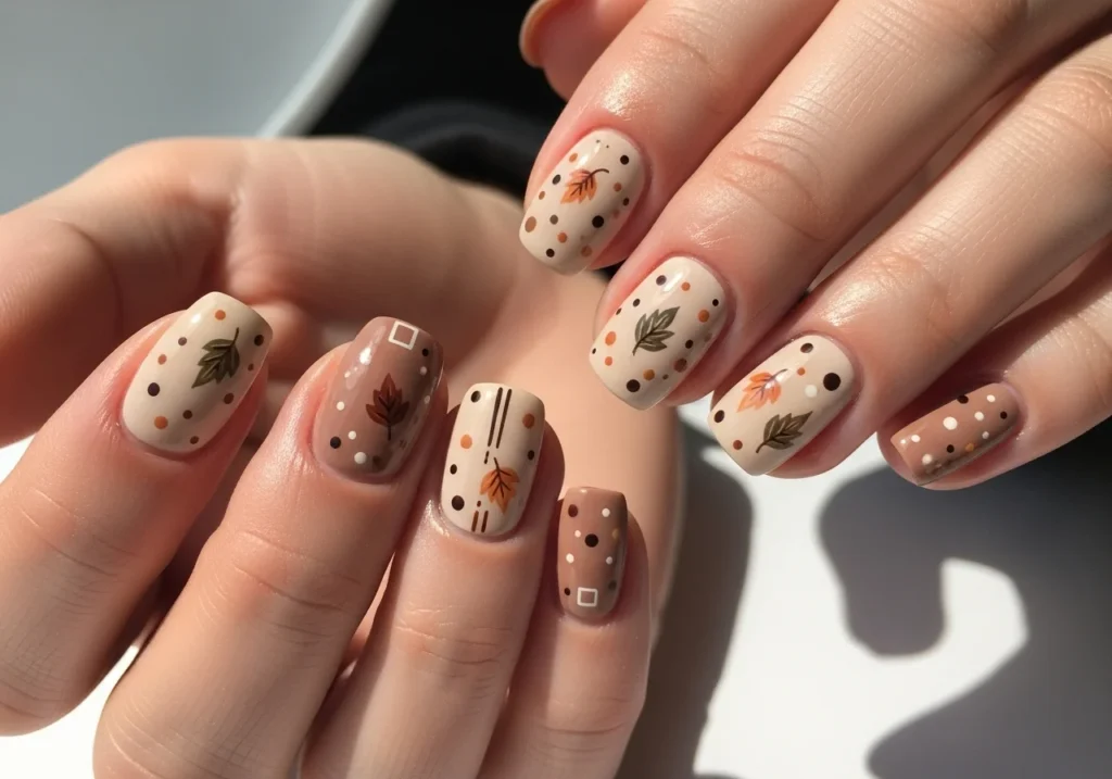 Hands with simple autumn-themed nail art in neutral fall colors, perfect for beginner-friendly designs.