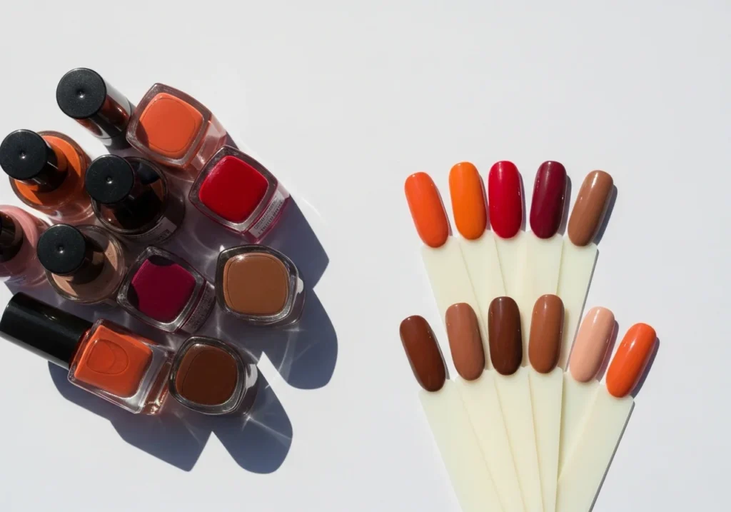 Flat lay of nail polish bottles and swatches in autumn colors, highlighting the popularity of fall nail trends.