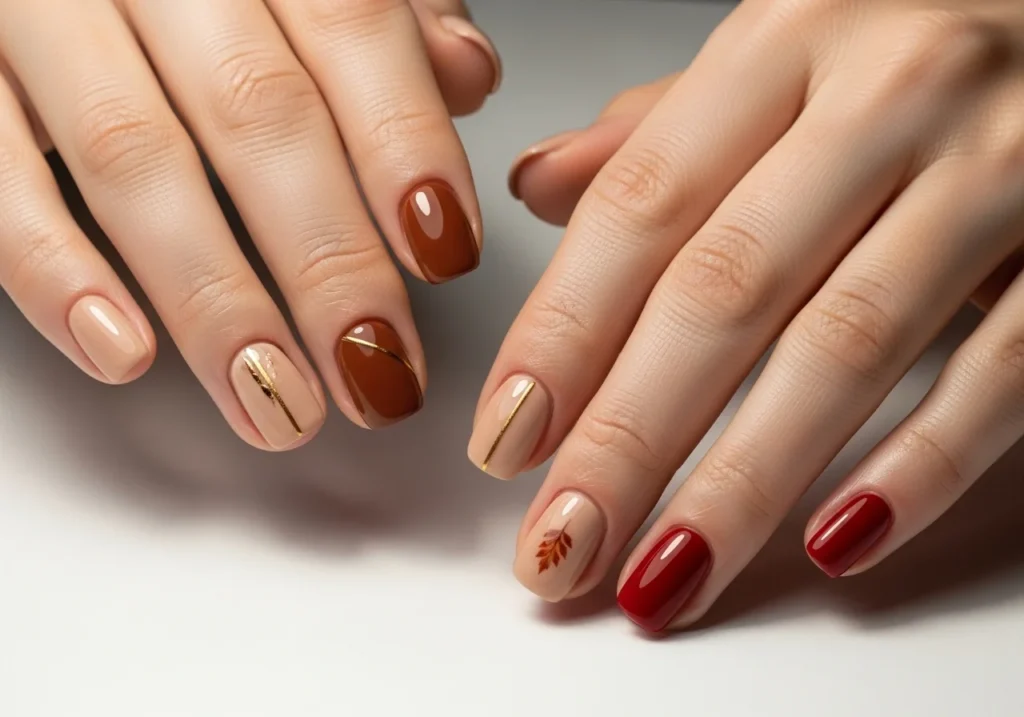 Hands with short nails painted in warm fall colors, perfect for everyday wear.