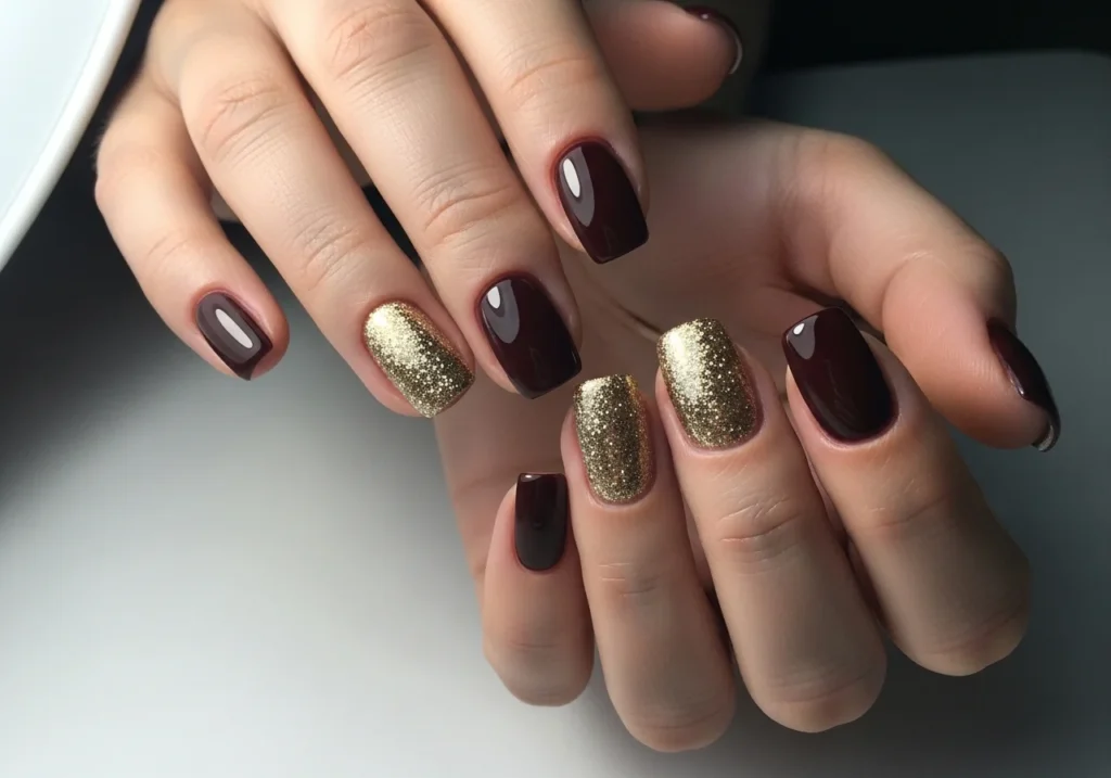 Hands with bold fall nails in deep burgundy and gold accents, ideal for parties or special nights out.