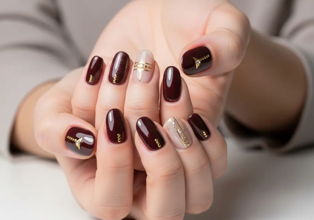 Hands with elegant dark fall nails in glossy burgundy or chocolate with subtle shimmer, perfect for formal events.