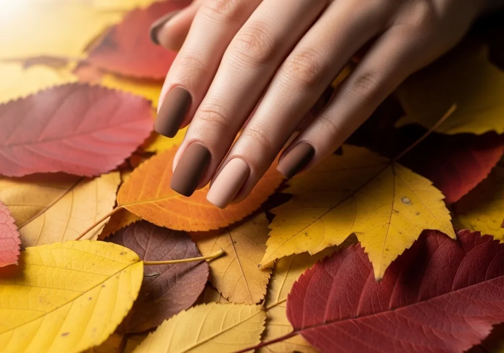 Hand with matte brown and nude nails resting on autumn leaves, showcasing trendy fall nail colors and cozy autumn manicure.