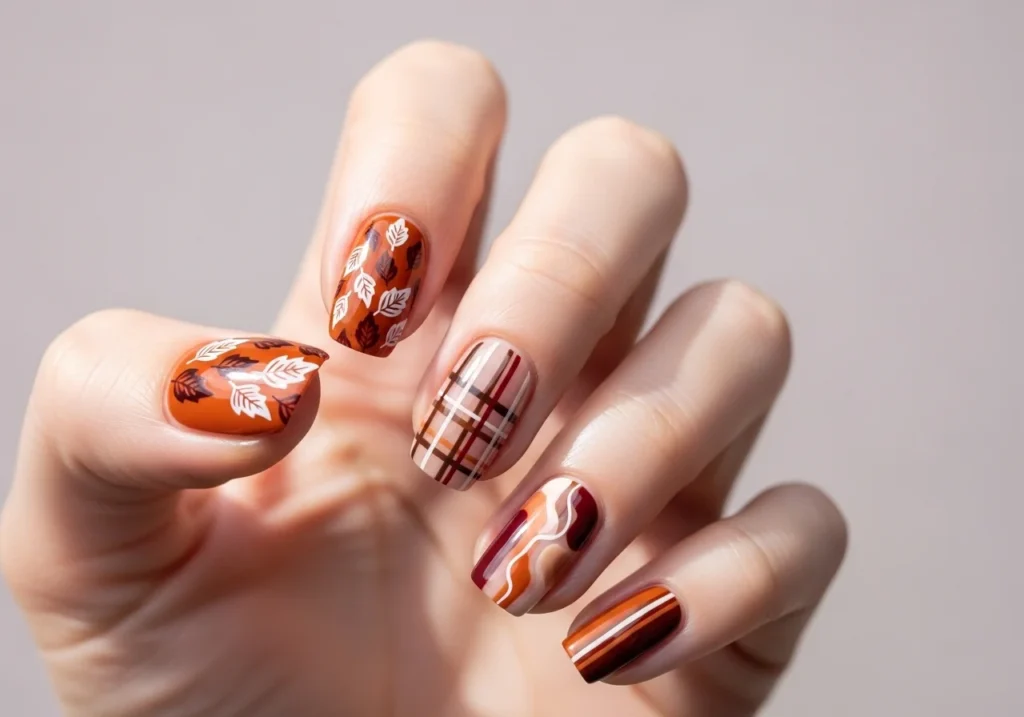 Hand showing multiple fall nail art styles in warm autumn colors, highlighting trendy and stylish manicure ideas.