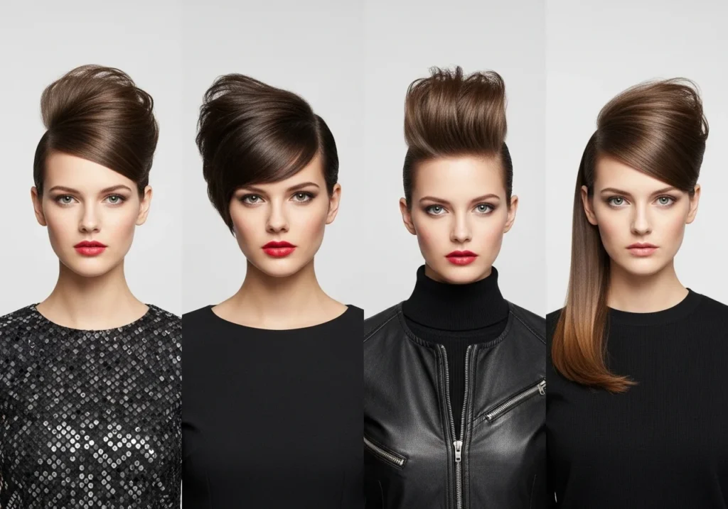 Collage of women with trending 2026 hairstyles: textured lob, shaggy pixie, curly bob, and sleek blunt bob, showcasing versatile and stylish haircuts.