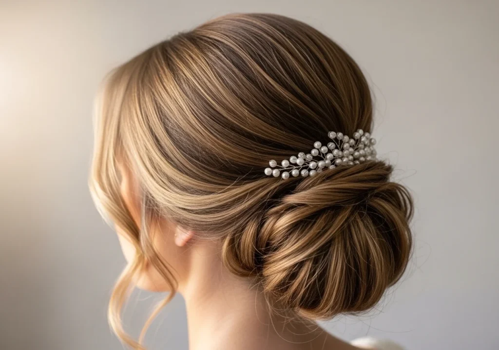 Woman with a soft wedding updo, featuring loose curls pinned back with a decorative accessory.