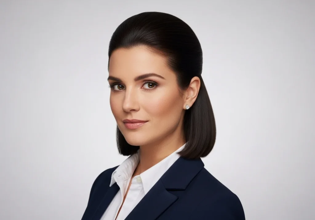 Woman with a sleek ponytail, chic bun, or neat bob, representing professional hairstyles for work.