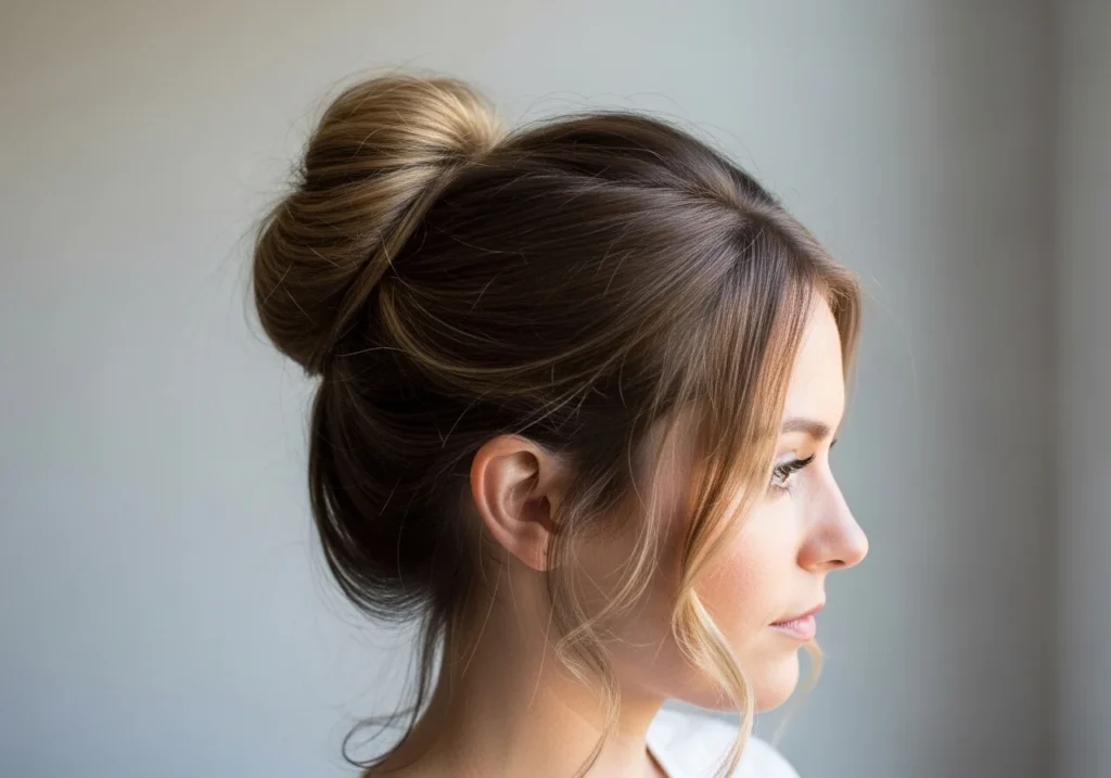 Woman with loose waves, messy bun, or side braid, showcasing casual and effortless hairstyles.