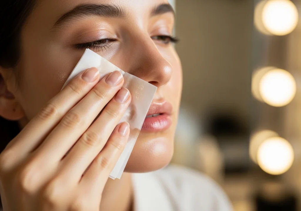 Close-up beauty makeup look for oily skin with smooth matte finish, natural soft lighting, flawless complexion, minimal aesthetic beauty style, fresh long-lasting makeup base