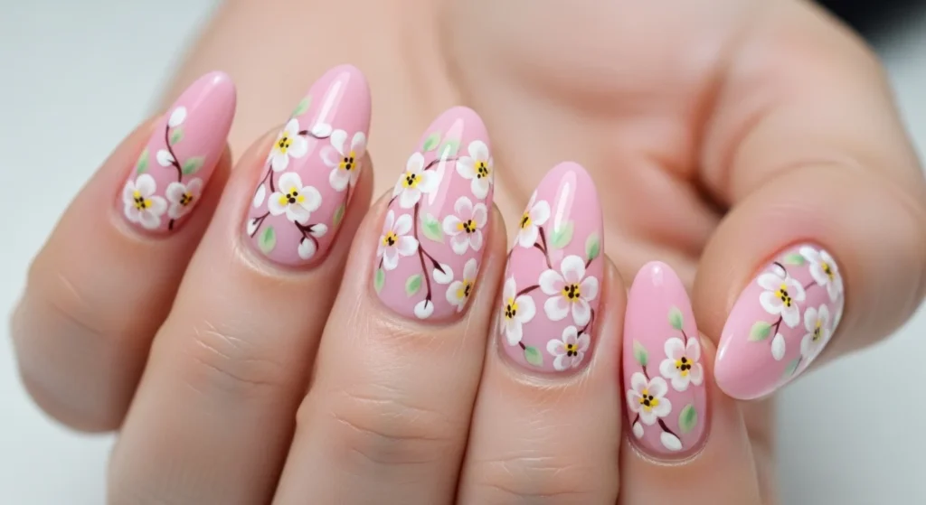 cute pink nails with floral designs
