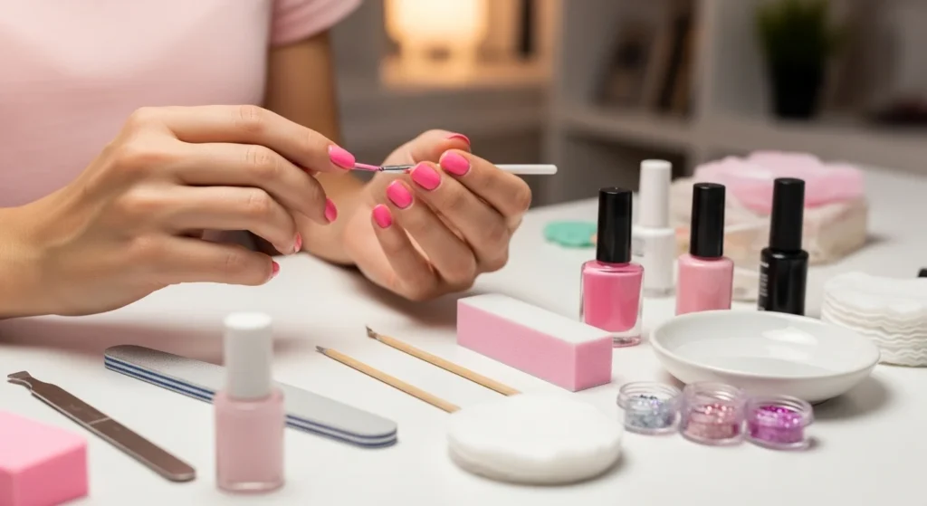 DIY pink manicure at home setup