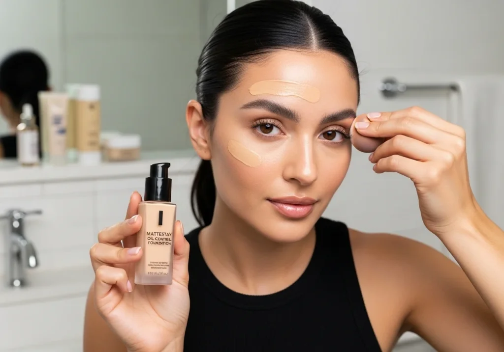 Close-up beauty makeup look for oily skin with smooth matte finish, natural soft lighting, flawless complexion, minimal aesthetic beauty style, fresh long-lasting makeup base