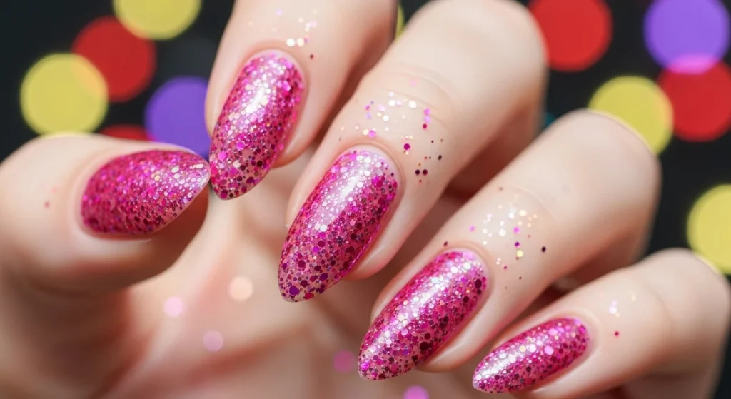 glitter pink nails for parties