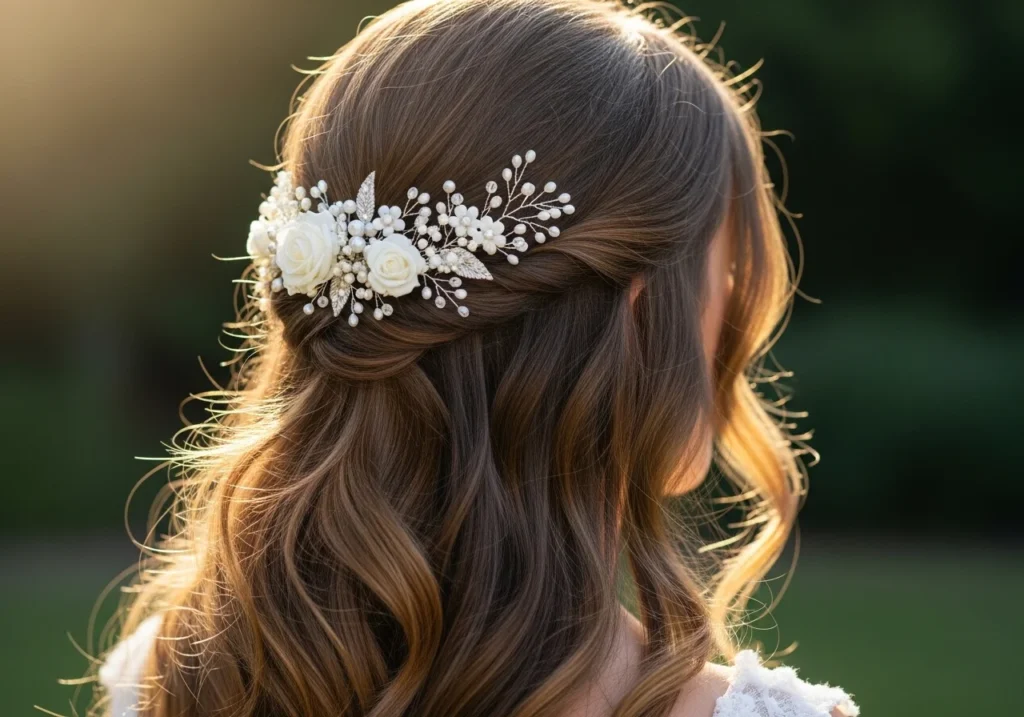 Bridal Hair Style Ideas for a Stunning Wedding Day Look with floral hair accessories