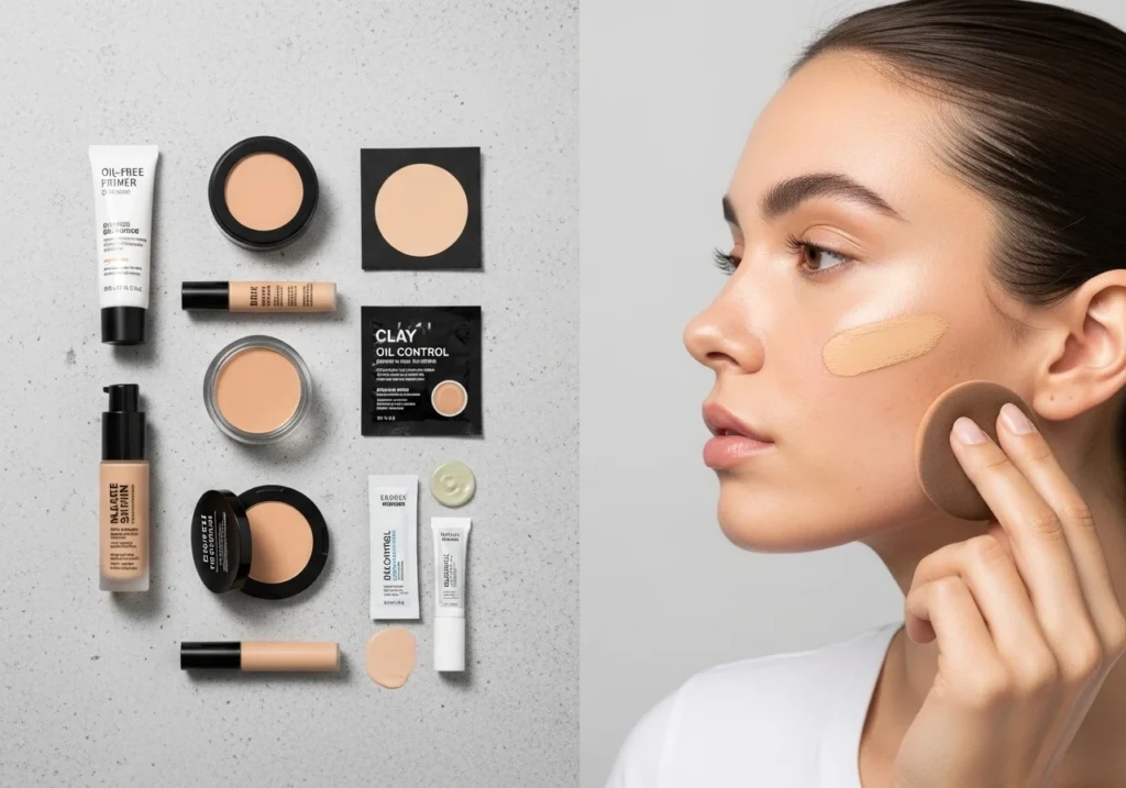 Close-up beauty makeup look for oily skin with smooth matte finish, natural soft lighting, flawless complexion, minimal aesthetic beauty style, fresh long-lasting makeup base