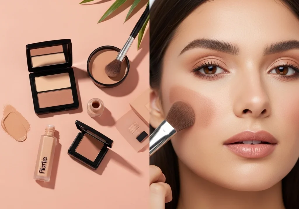 Close-up beauty makeup look for oily skin with smooth matte finish, natural soft lighting, flawless complexion, minimal aesthetic beauty style, fresh long-lasting makeup base