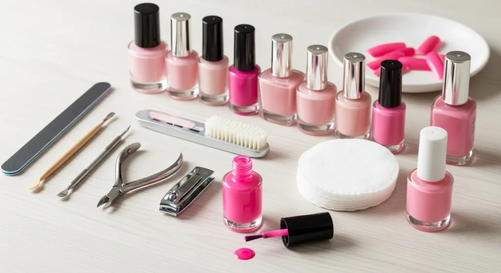 nail tools and polish for pink nails