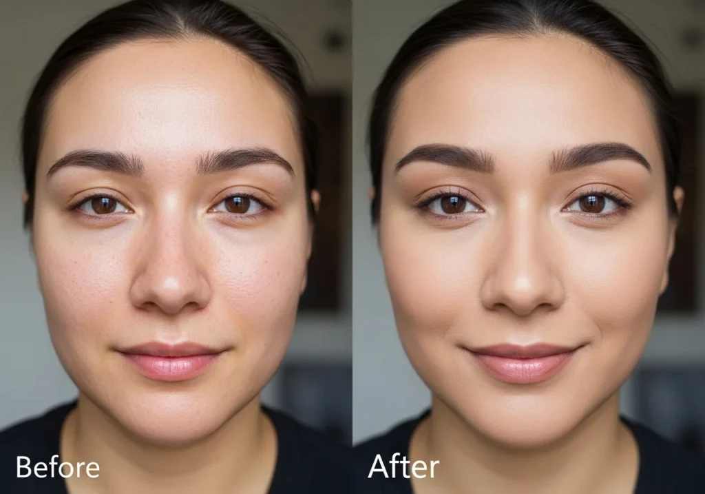 Close-up beauty makeup look for oily skin with smooth matte finish, natural soft lighting, flawless complexion, minimal aesthetic beauty style, fresh long-lasting makeup base