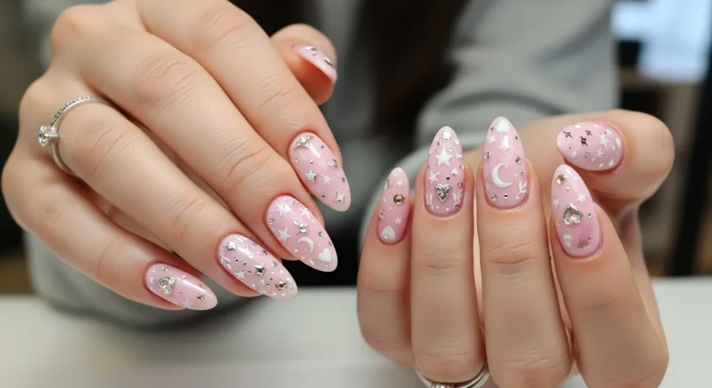 pink nails with nail art stickers