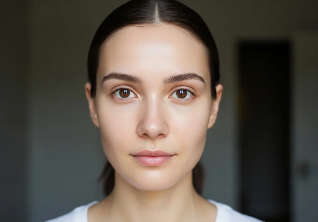 Close-up beauty makeup look for oily skin with smooth matte finish, natural soft lighting, flawless complexion, minimal aesthetic beauty style, fresh long-lasting makeup base