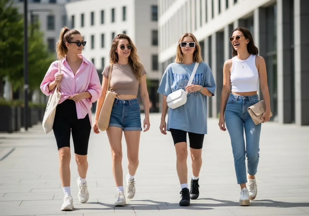 Trendy summer outfit girls wearing crop top and denim shorts
