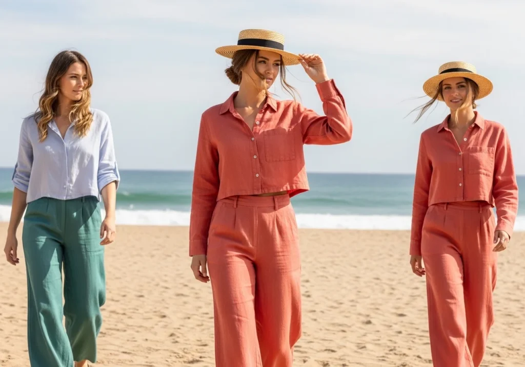 Trendy summer outfit girls wearing crop top and denim shorts