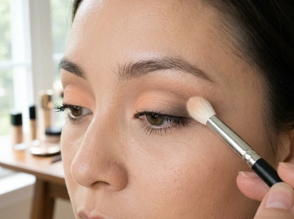 Realistic close-up of a brush demonstrating smooth blending eye makeup techniques.