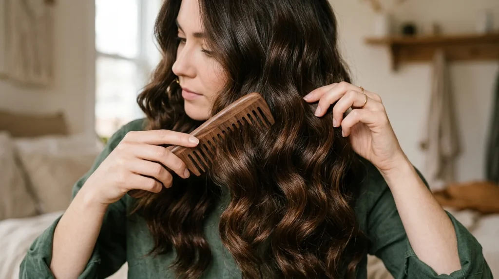 Using a wide-tooth wooden comb to brush and style voluminous Heatless Silk Curls.