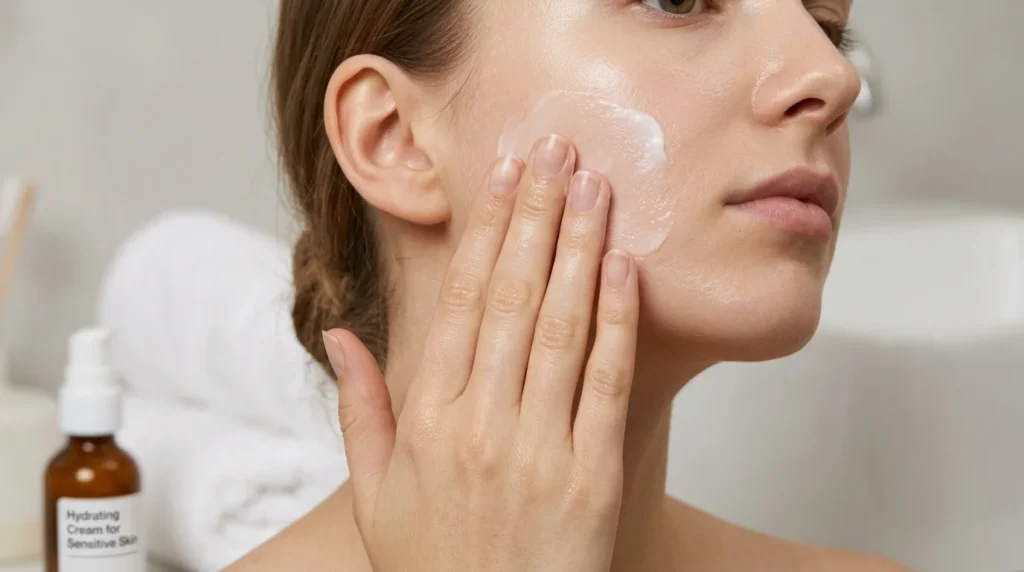 A hand applying moisturizer to lock in hydration as part of a professional sensitive skin care plan.