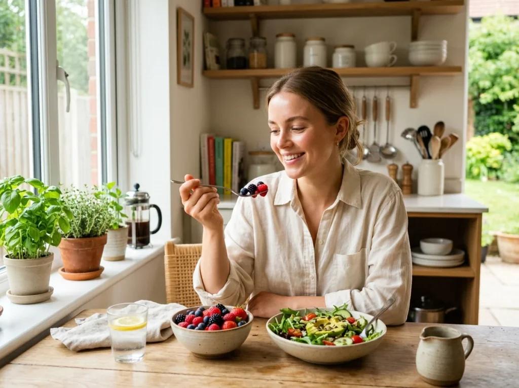 A girl eating healthy foods to support her sensitive skin care goals from the inside out.