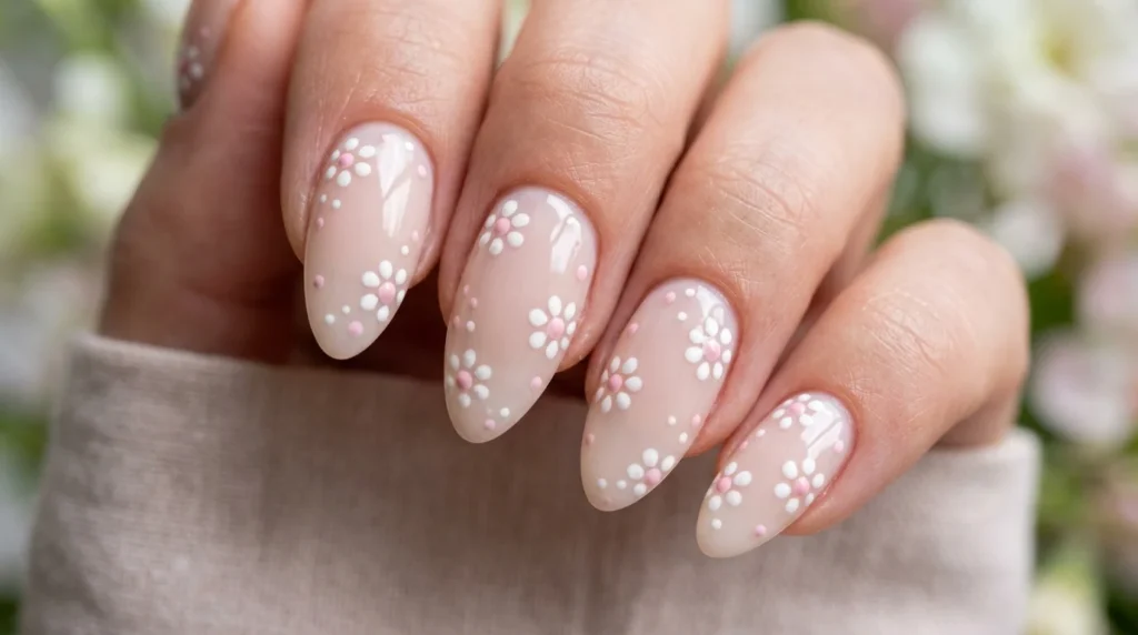 Floral Polka Dot Nail Designs with pastel daisy-inspired details