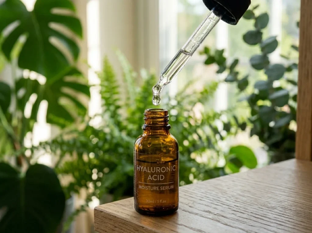 A close-up of a glass dropper bottle containing hyaluronic acid serum for an effective dry skin care routine.