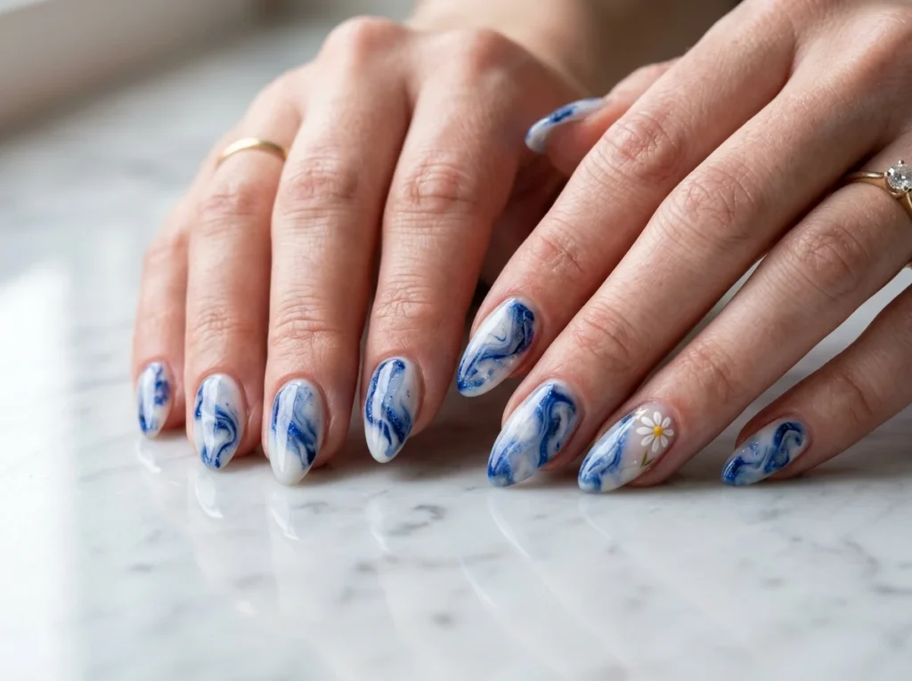 Elegant blue and white nails design for 2026