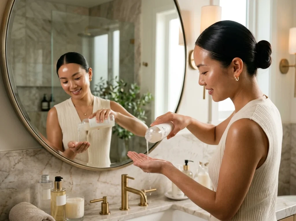 Asian girl using brightening rice water toner in a modern bathroom.
