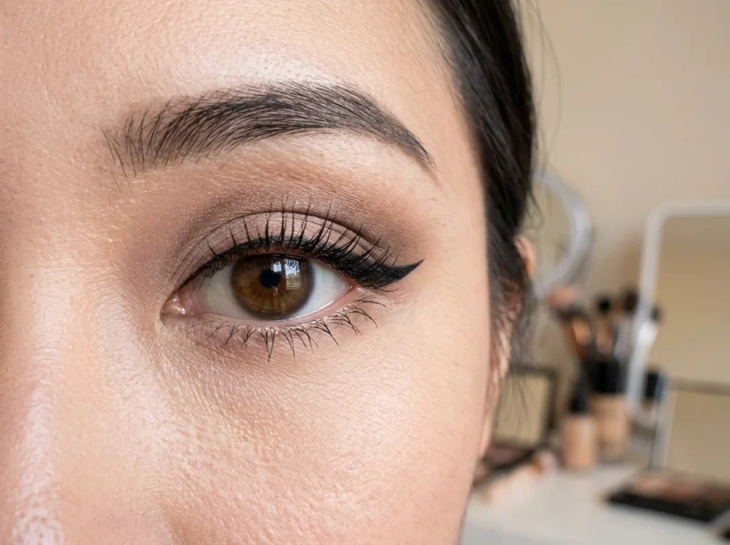 "A precise close-up photo of a sharp and elegant liquid winged eyeliner application, showcasing sophisticated eye makeup techniques for lifting the eye."