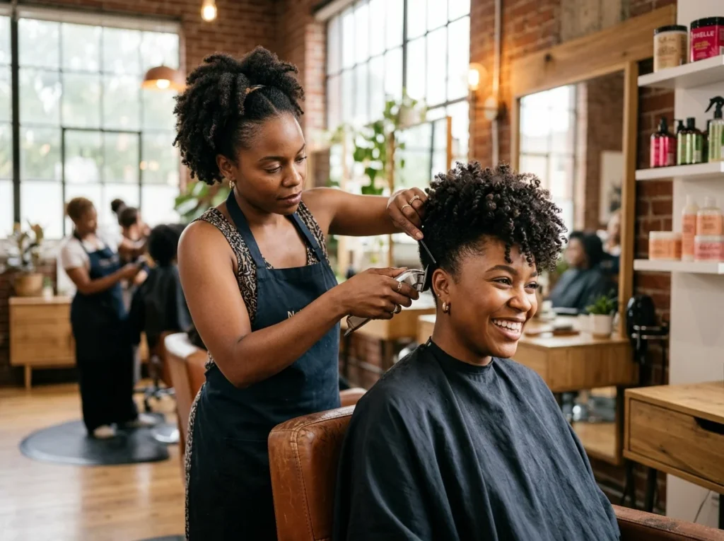 A professional stylist creating a precision tapered haircut on natural hair textures in a modern salon, highlighting the beauty of short haircuts for 2026.