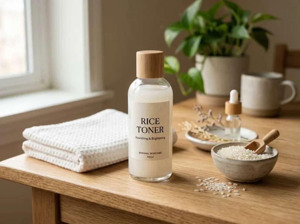 Rice toner bottle placed on a skincare table beside a soft white towel.