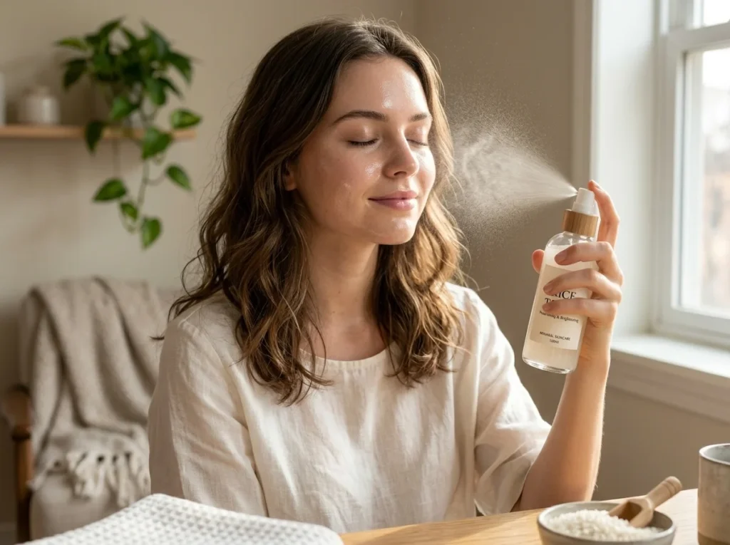 Girl spraying rice toner mist on her face for fresh glowing skin.