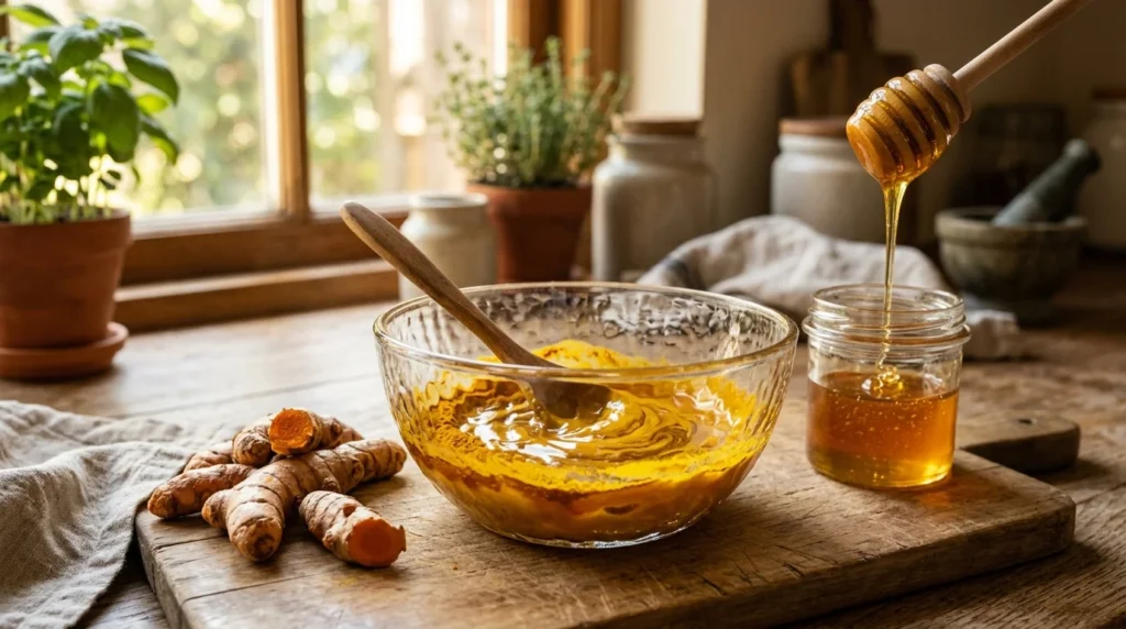 A glass bowl of golden honey and turmeric powder mixed together, with fresh