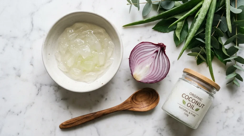 Natural hair growth tips using organic kitchen ingredients.