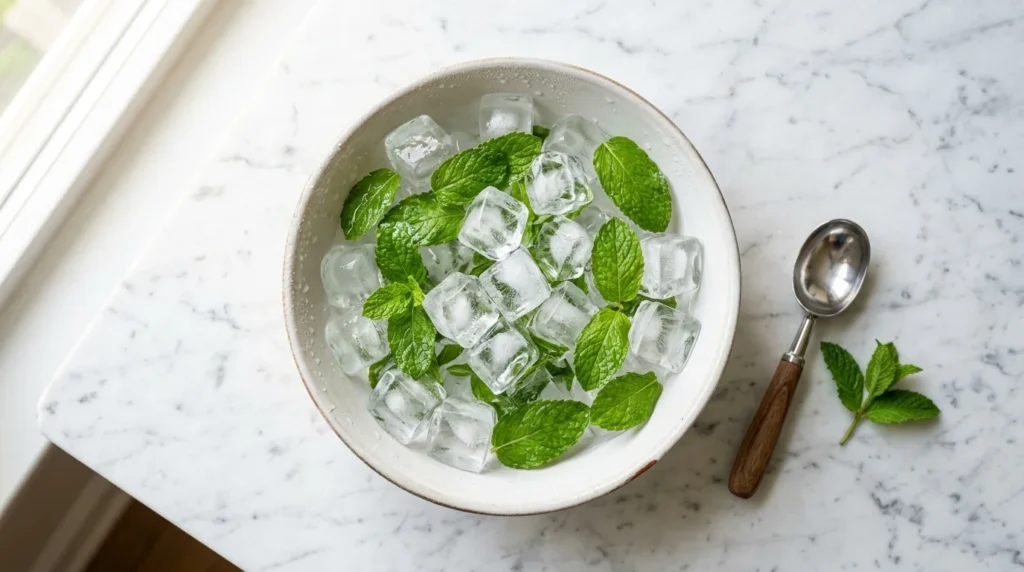 "Clear ice cubes in a bowl for a professional ice facial routine."