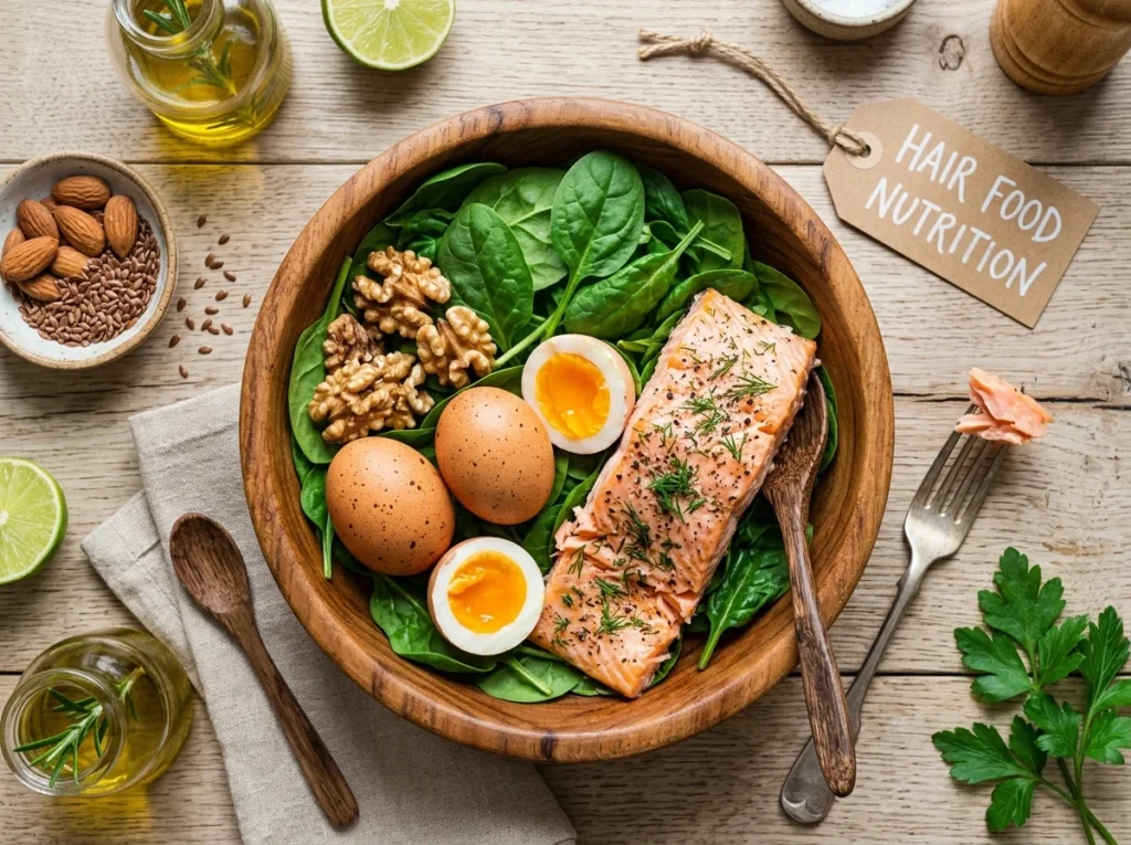 Nutrient-rich foods that support hair growth secrets. Desc: Healthy diet essentials for hair strength.