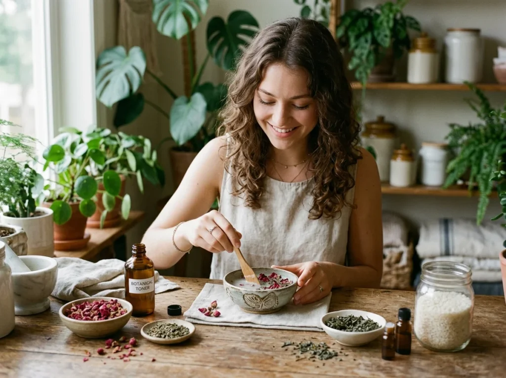 Girl preparing herbal rice toner with natural skincare ingredients.