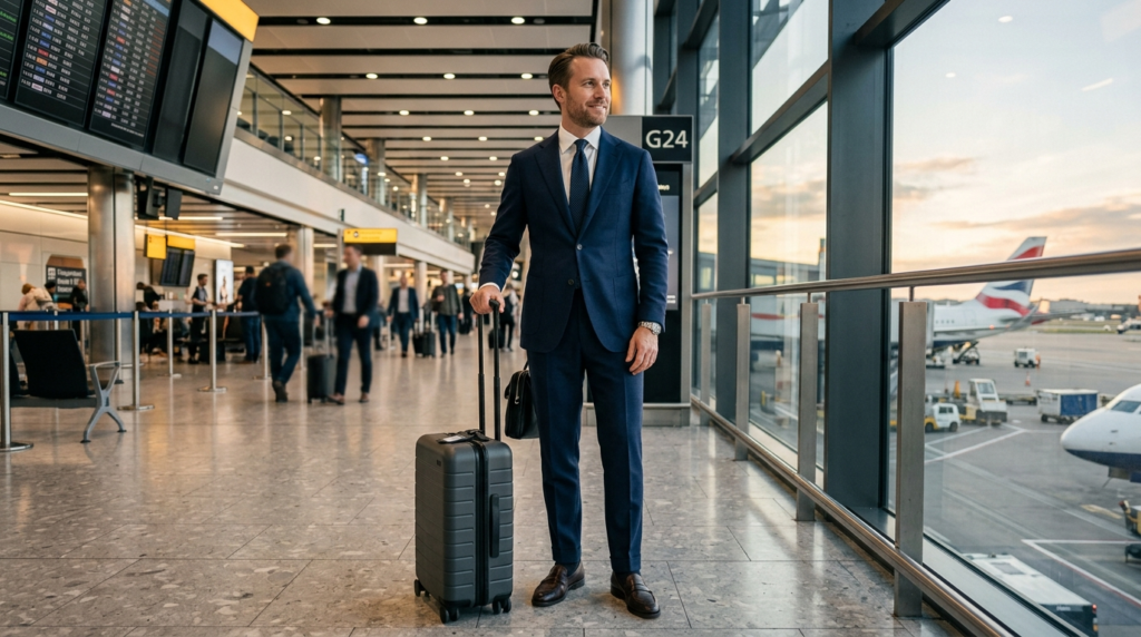 "Business airport travel outfit with tailored suit and wrinkle-resistant fabric for a polished professional travel look"
