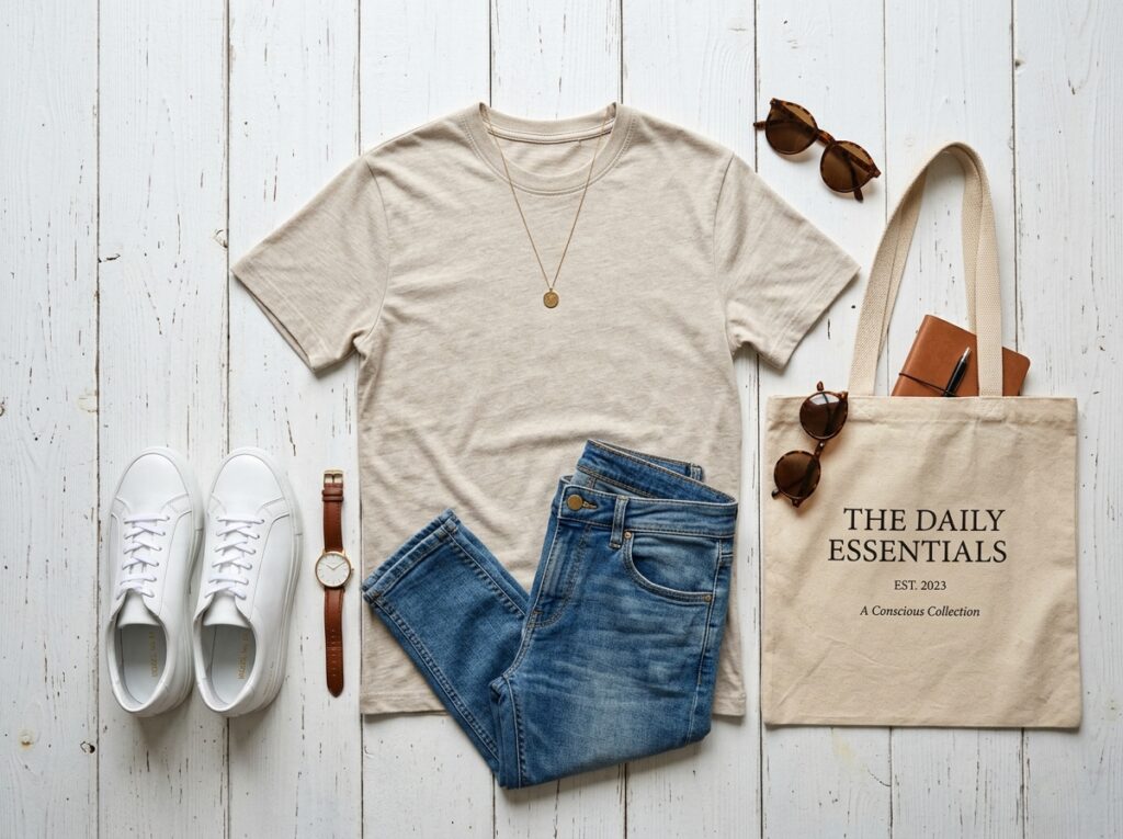 Aesthetic casual outfits capsule wardrobe flat lay for university students