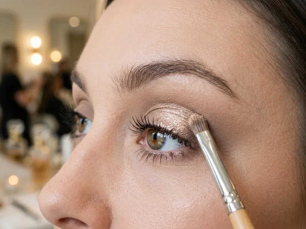 "Elegant close-up of metallic shimmer application using professional eye makeup techniques for a bright, dimensional look."