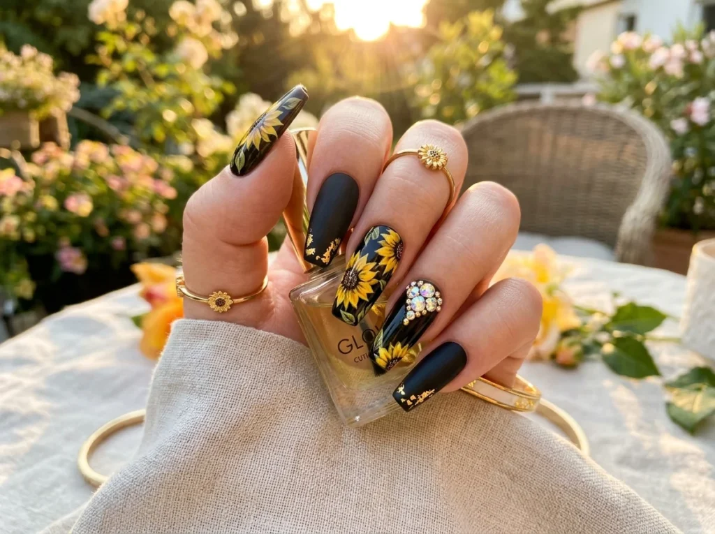 Woman getting sunflower nail designs done at a beauty salon for a stylish summer manicure.