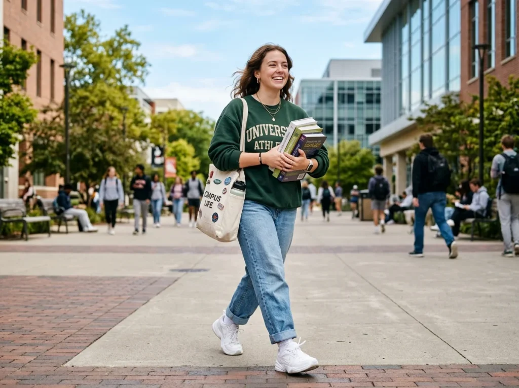A stylish university student pairing practical footwear with comfortable casual outfits for active and fashionable campus life.