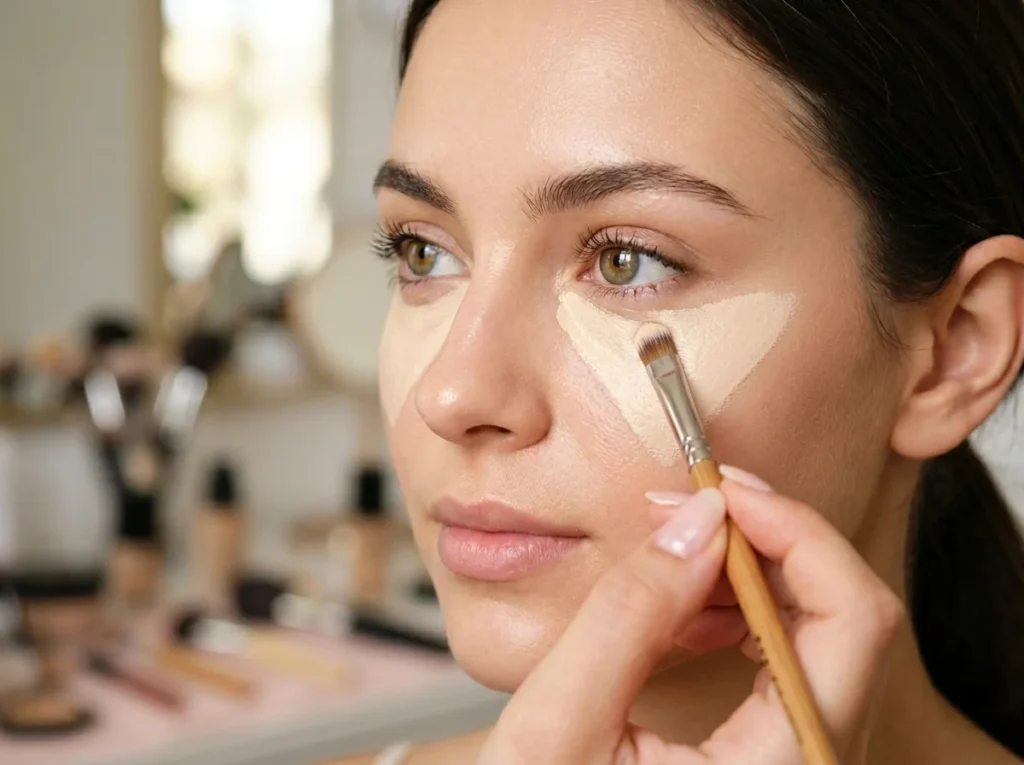 A close-up shot demonstrating the V-shape concealer technique under the eyes to highlight and lift the face for a professional look.
