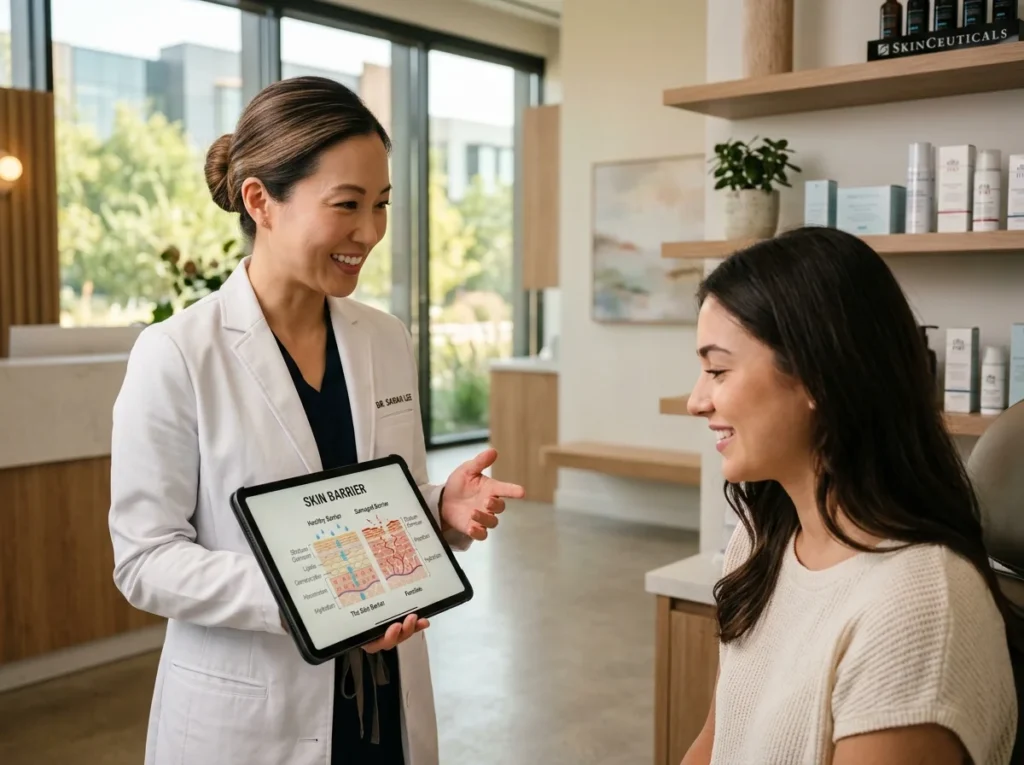 A dermatologist discussing skin barrier repair and slugging skincare safety with a client in a clinic.