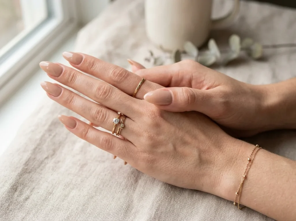 Glossy nude simple nail design on elegant almond-shaped nails